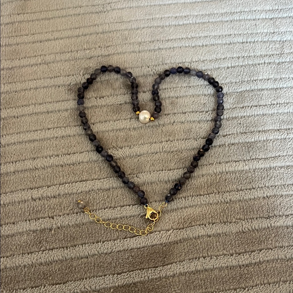 Faceted Iolite Bead Necklace with Baroque Freshwater Pearl & Gold Accents